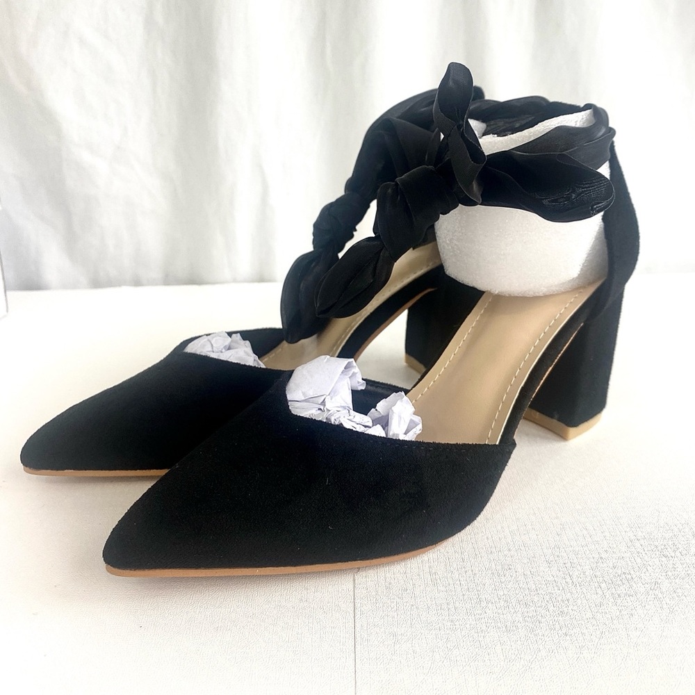 SHEIN Black Block Heels with Sheer Ribbon Ankle Tie Bow Size 36 US 6 Shoes NIB